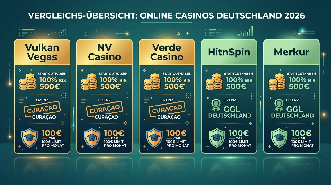 Anbieter-Matrix: fünf Häuser im Startguthaben-Vergleich