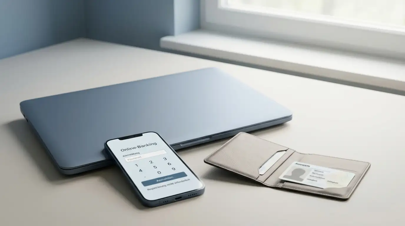 Minimalistischer Online-Banking-Login auf dem Smartphone neben geschlossenem Laptop und Ausweismappe — der schwedische No-Registration-Ablauf