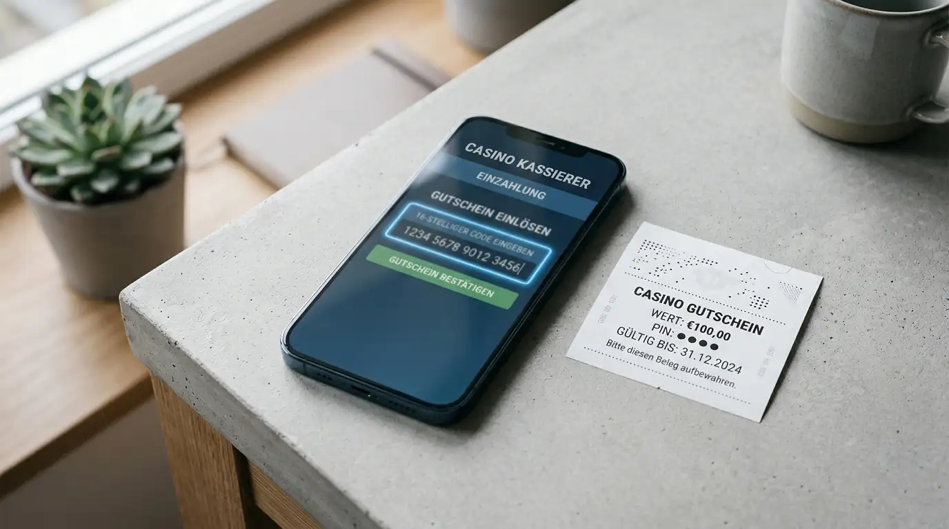 Smartphone-Display mit Paysafecard-Eingabefeld im Casino-Kassenbereich