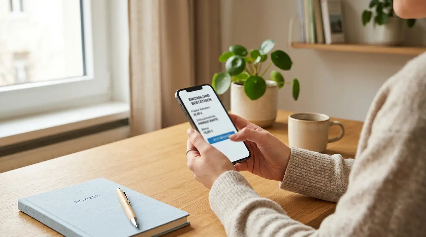 Handy mit Paysafecard-App und Casino-Login auf einem Tisch