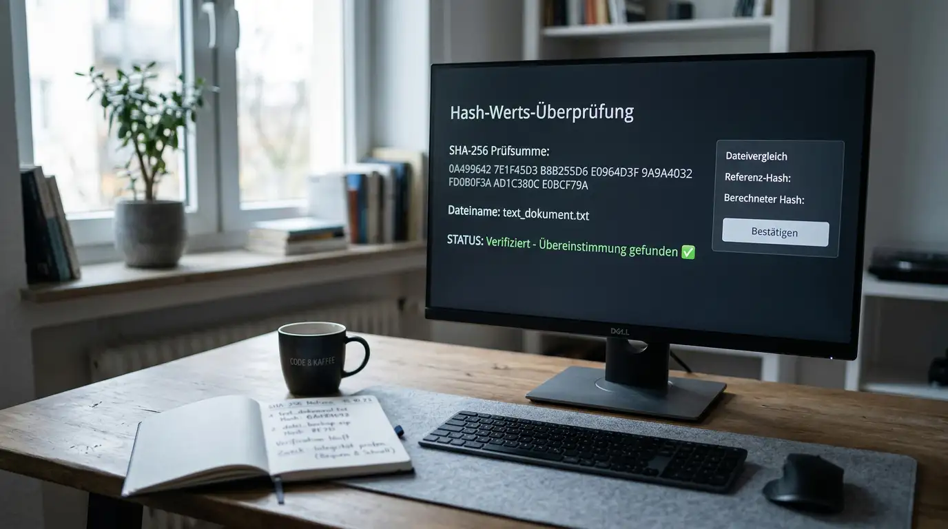 Entwickler-Schreibtisch mit Monitor und Notizbuch zur Prüfung eines SHA-256-Hashes
