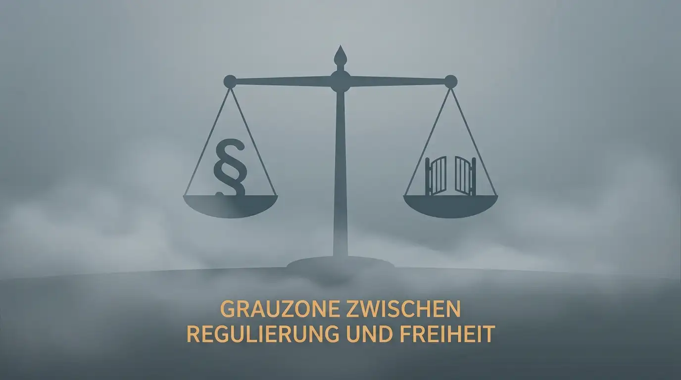 Eine Waage, die zwischen einem Paragrafenzeichen und einem offenen Tor abwägt