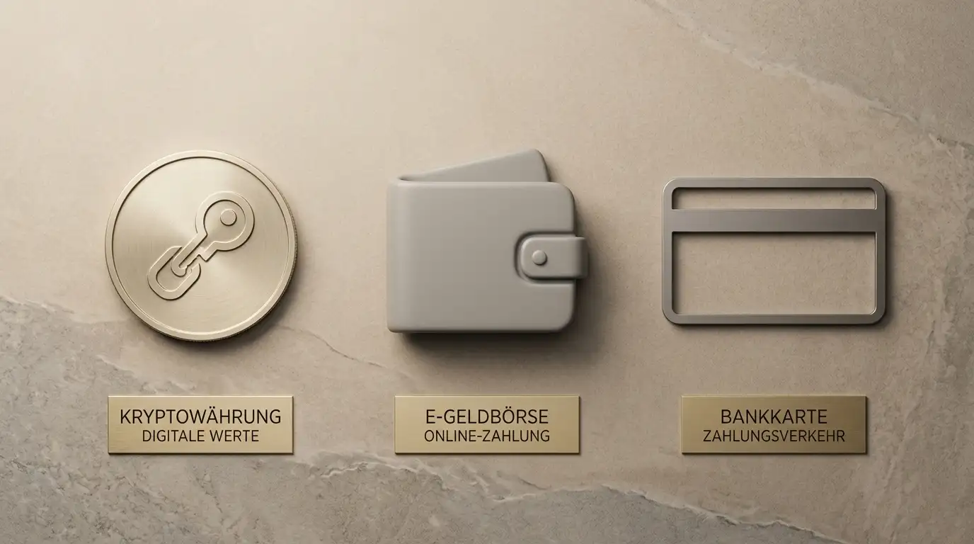 Übersicht von alternativen Zahlungsmethoden — Krypto-Münzen, E-Wallet-Logo und Bankkarte nebeneinander