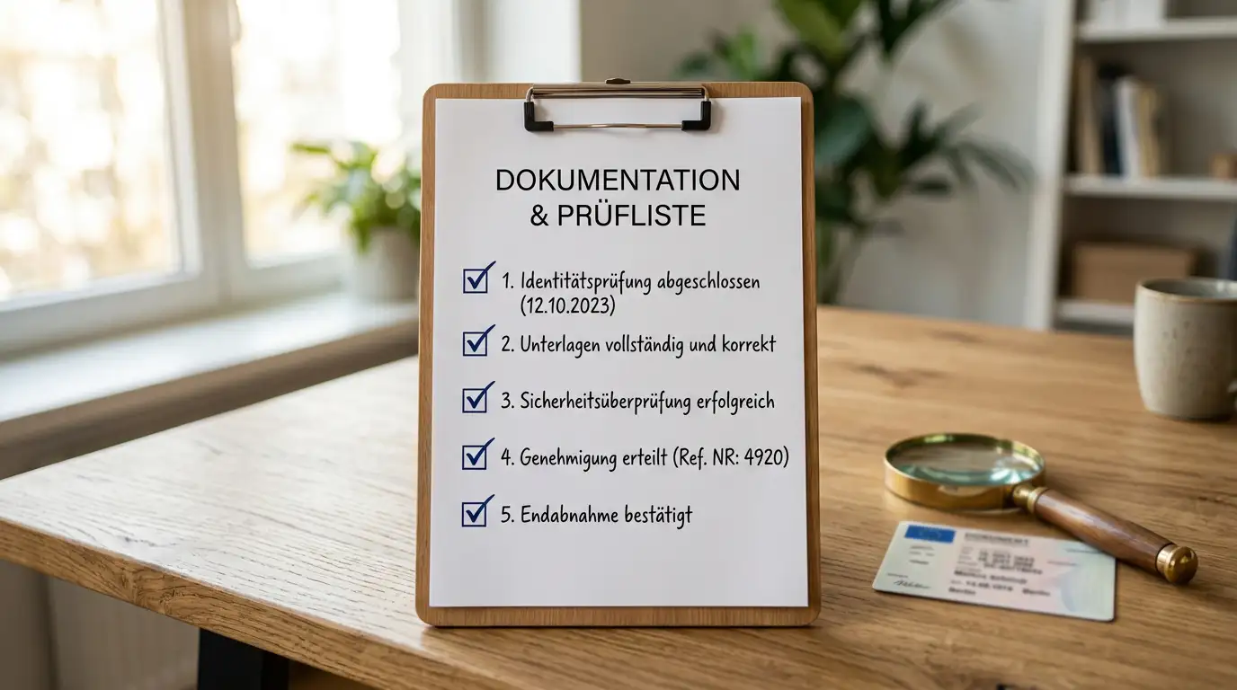 Checkliste auf einem Clipboard mit fünf abgehakten Kriterien, daneben eine Lupe über einem Lizenzdokument