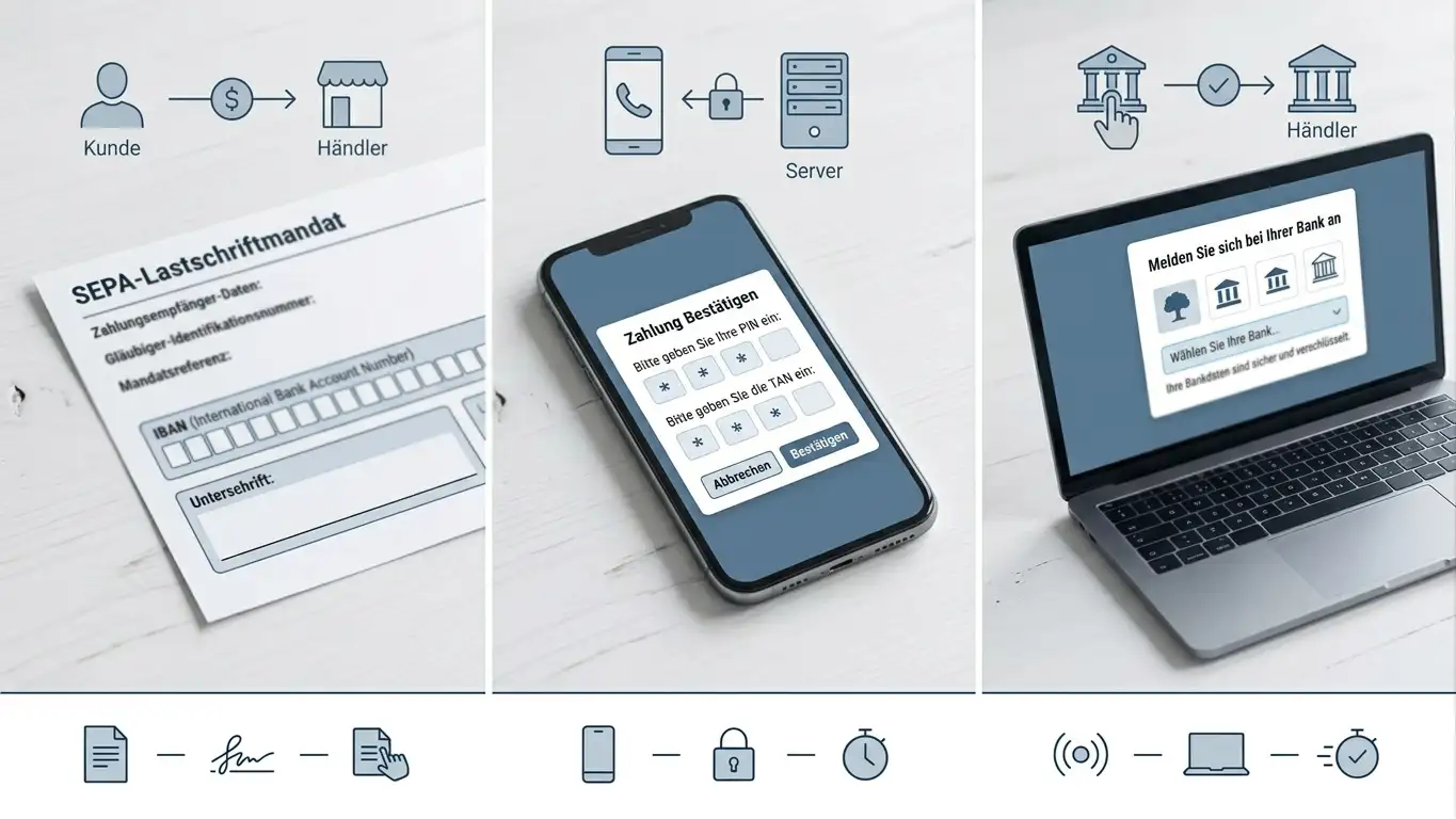Vergleich SEPA-Lastschrift-Mandat, Klarna-PIN-TAN-Bank-Redirect und Trustly-Open-Banking-Bank-Login nebeneinander