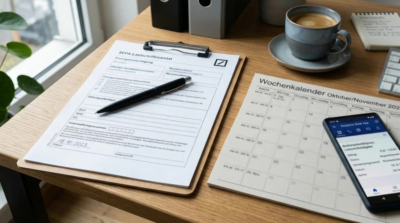 SEPA-Lastschriftmandat mit 8-Wochen-Widerrufsfrist auf Kalender hervorgehoben