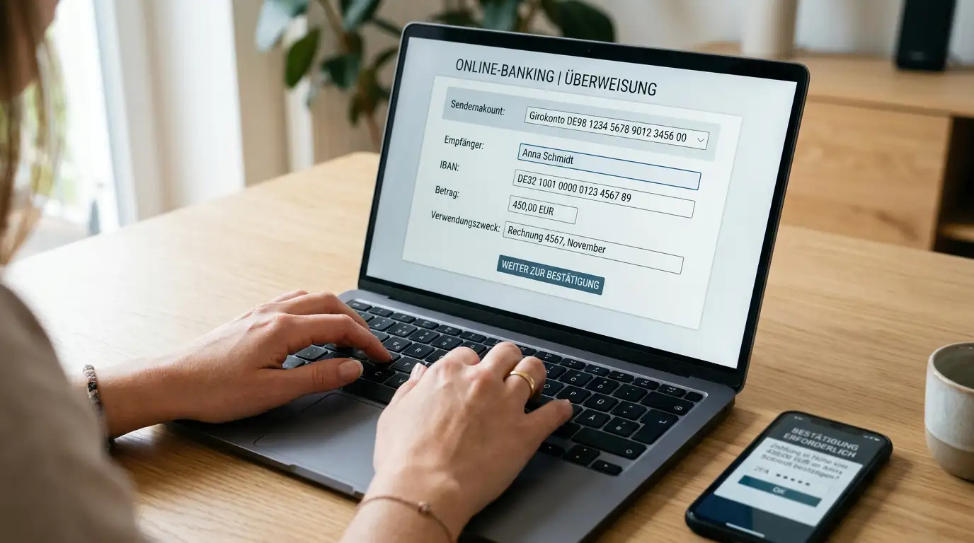 Nahaufnahme eines Online-Banking-Formulars mit IBAN und Verwendungszweck für Casino-Einzahlung