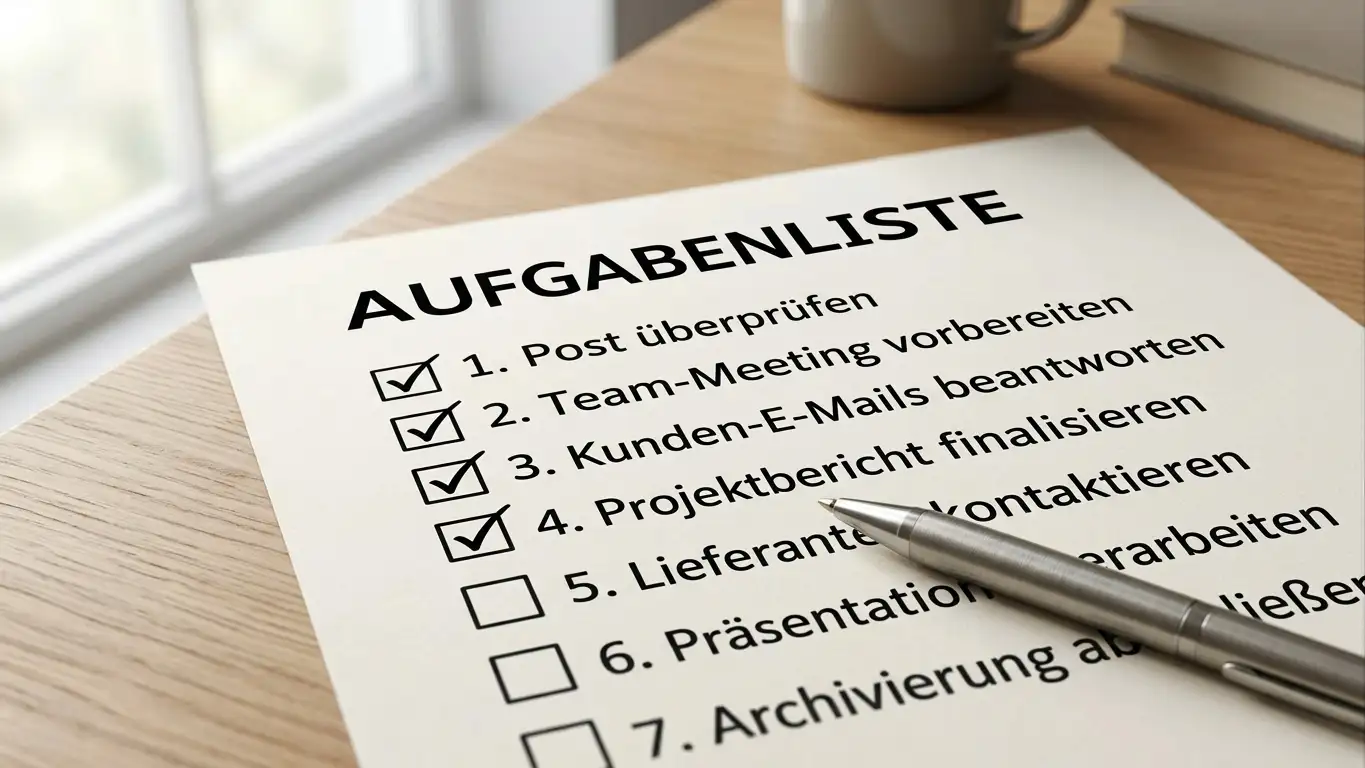 Checkliste mit Stift auf einem ruhigen Schreibtisch am Fenster