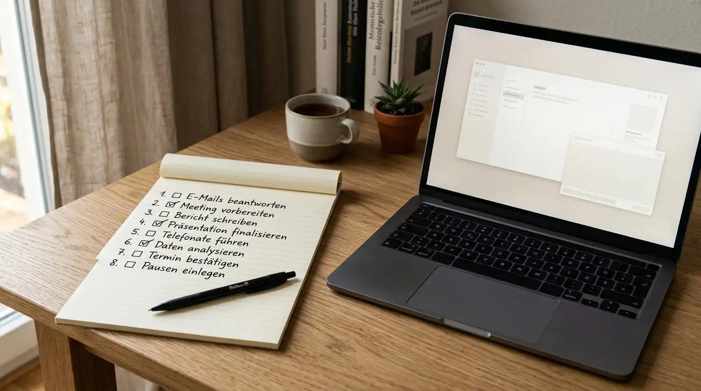 Checkliste auf einem Notizblock neben einem Laptop mit neutraler Casino-Oberfläche, ruhige Schreibtischszene