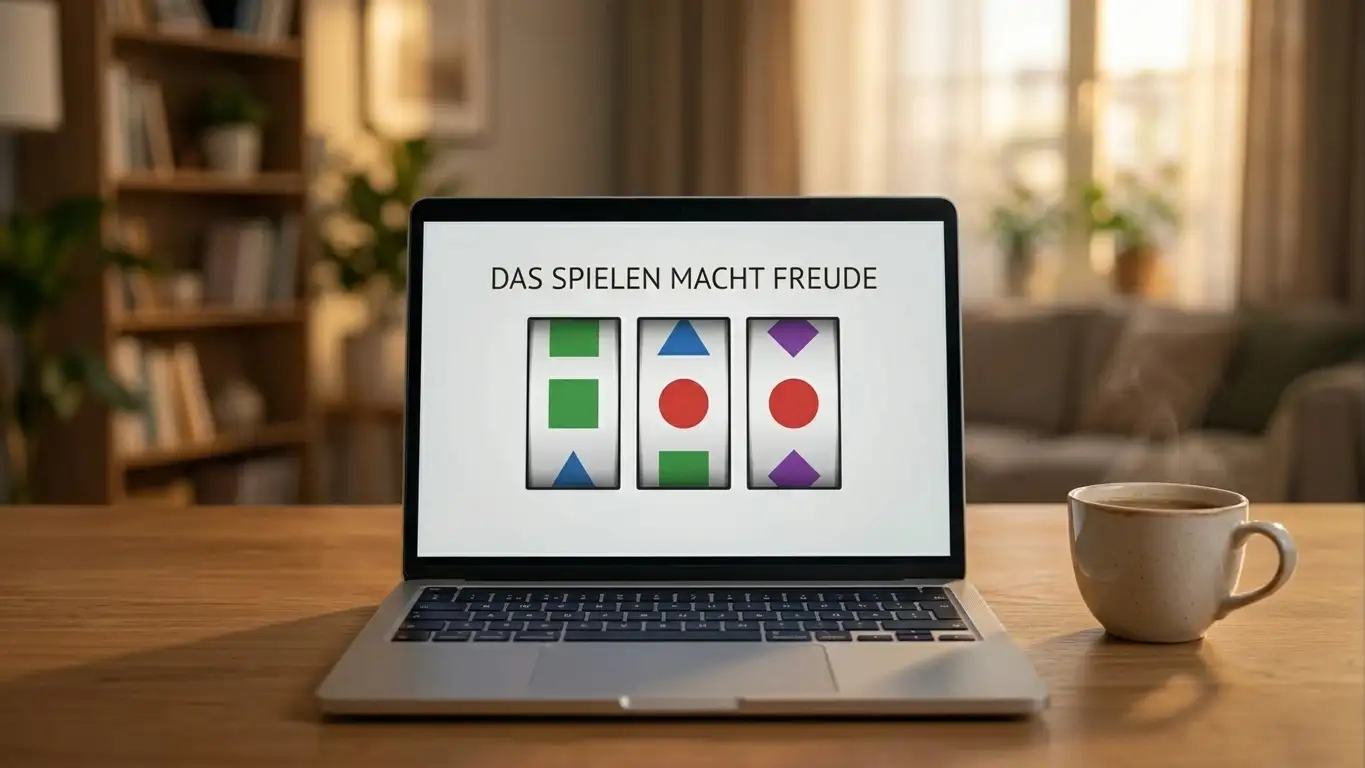 Laptop zeigt generische Spielautomaten-Walzen ohne Markenbezug in ruhiger Arbeitsumgebung