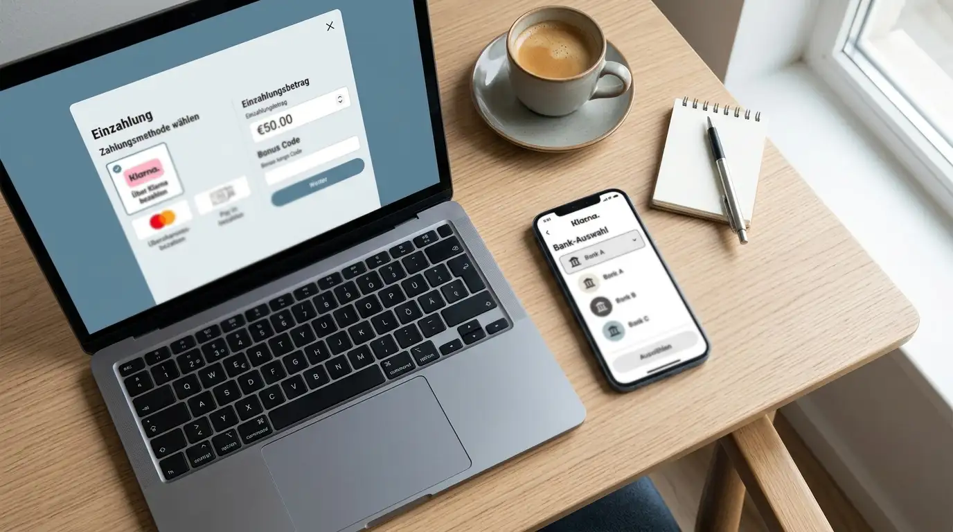 Übersicht Sofort-Bank-Auswahl auf deutschem Schreibtisch, daneben Handy mit Bank-Login