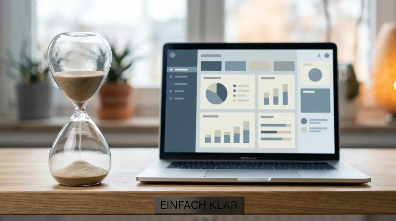 Sanduhr neben einem Laptop mit neutraler Auszahlungsübersicht auf dem Bildschirm, ruhige Bürobeleuchtung