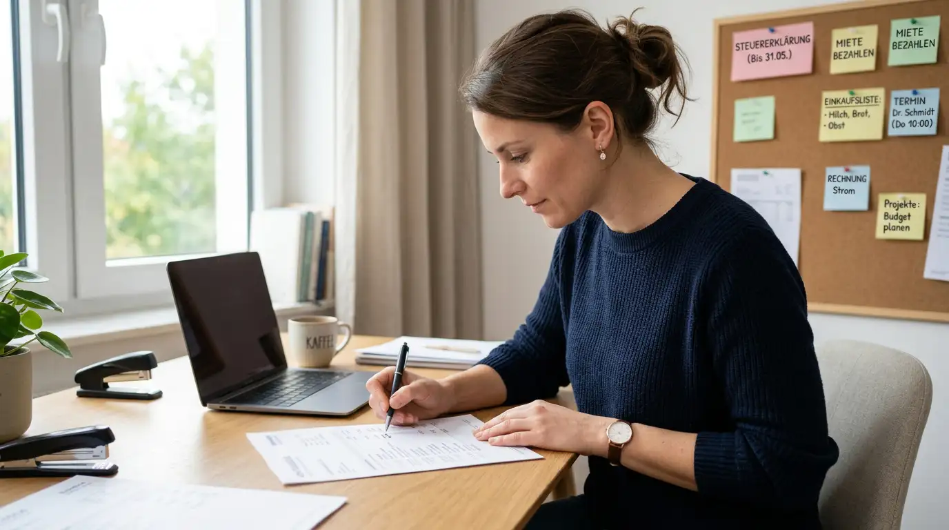 Notebook mit Online-Banking-Ansicht, eine Hand hält einen Kugelschreiber über einen Ausdruck des paysafecard-Codes an einer Pinnwand