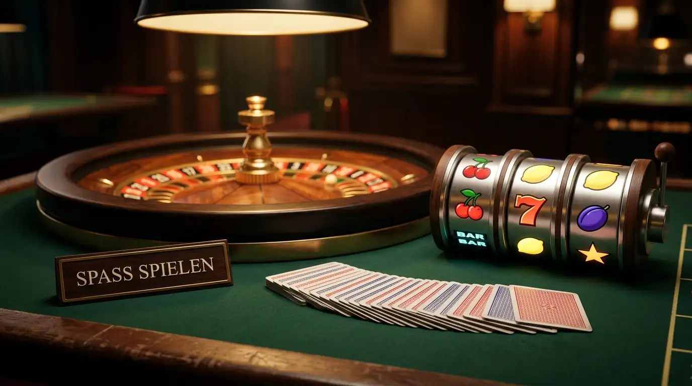 Ein Spieltisch mit Karten und einem Roulette-Rad neben einer Reihe Spielautomaten-Walzen ohne Marken