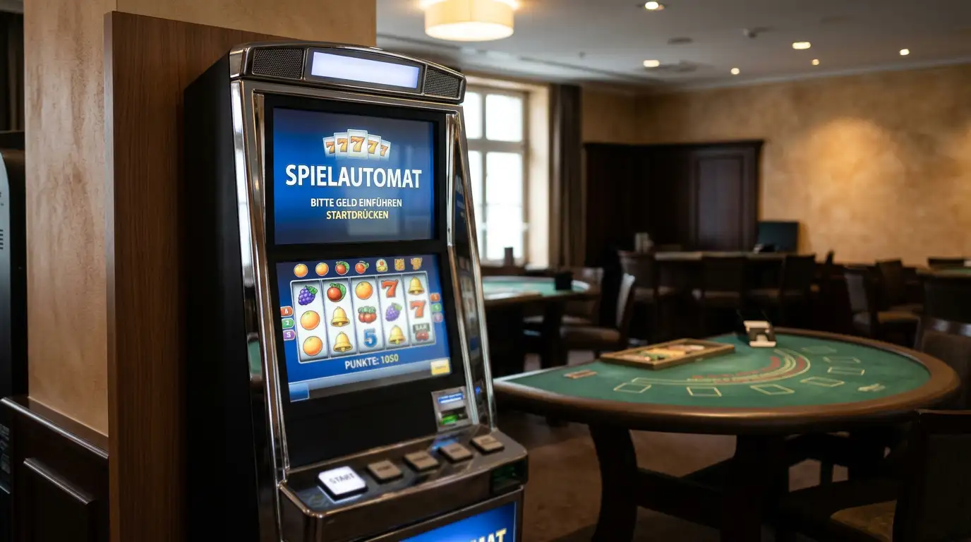 Stille Spielszene mit einem Slot-Automaten im Vordergrund und einem leeren Roulette-Tisch im Hintergrund, kein echtes Geld sichtbar