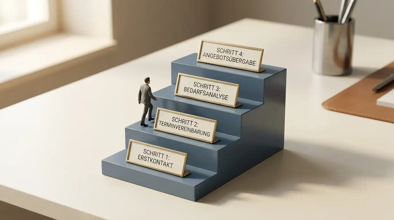 Escalation-Treppe: Anbieter-Support, Lizenzbehörde, Bank, Anwalt — vier Etagen mit kurzen Beschriftungen