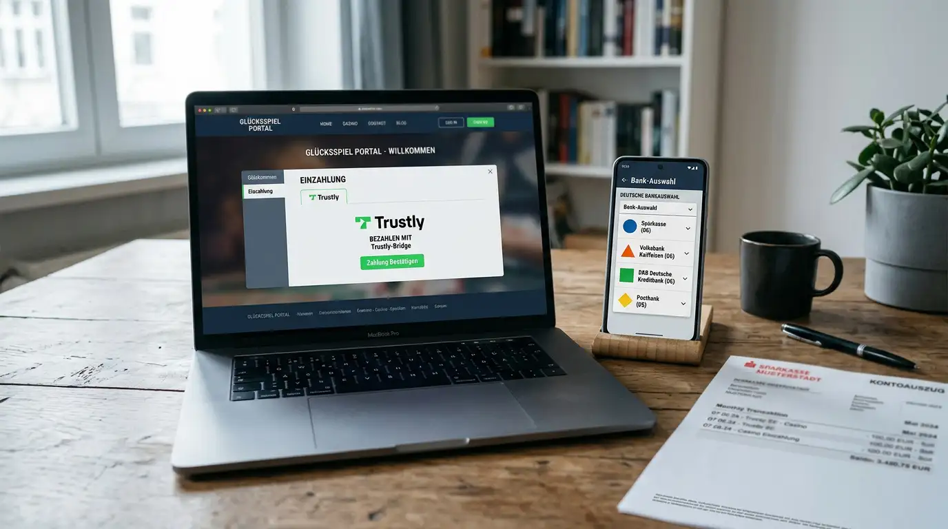 Trustly-Popup im Online-Casino-Kassenbereich mit Bank-Auswahl und Online-Banking-Authentifizierung