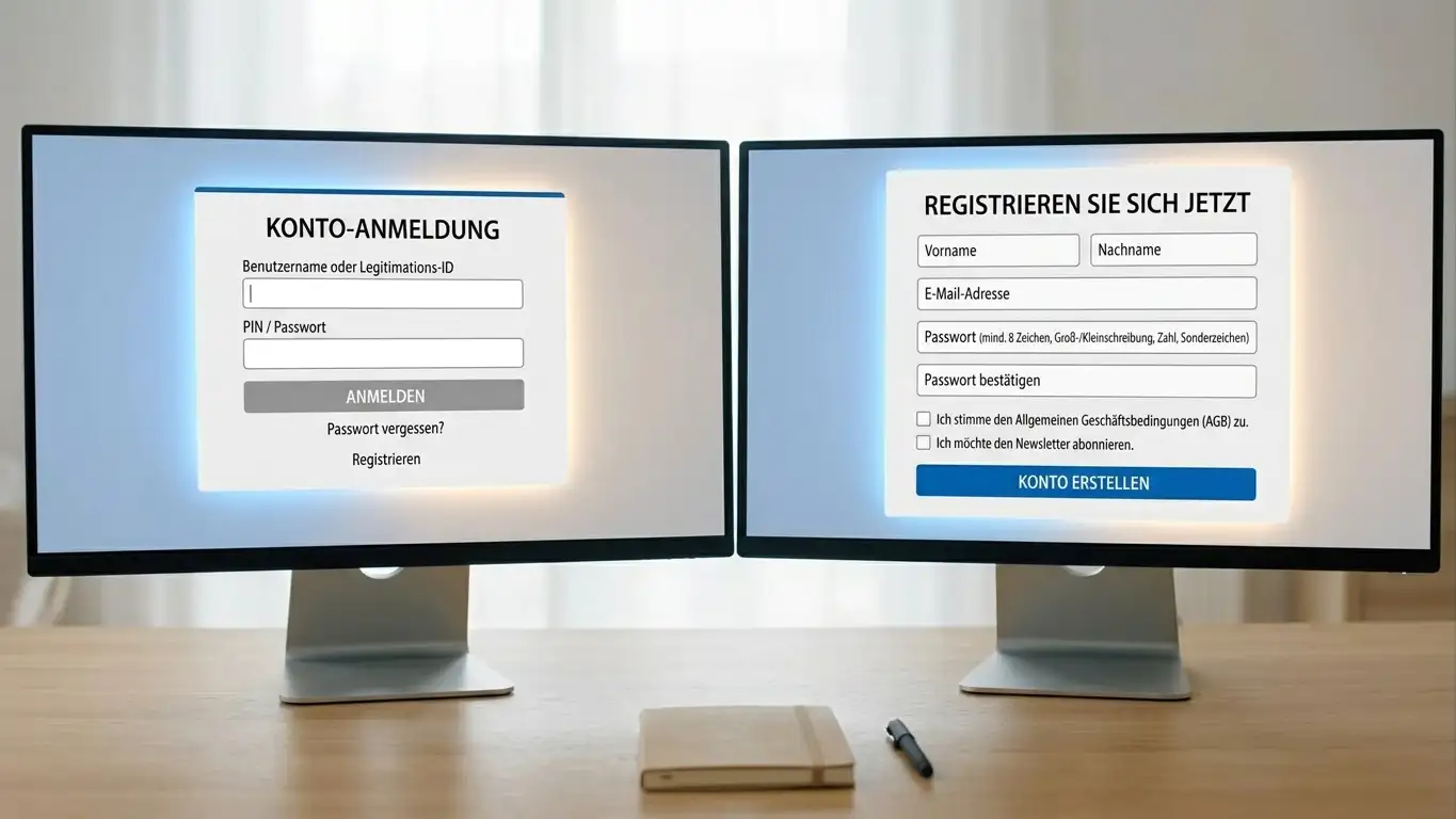Gegenüberstellung von Bank-Login und E-Mail-Passwort-Anmeldung auf zwei Bildschirmen