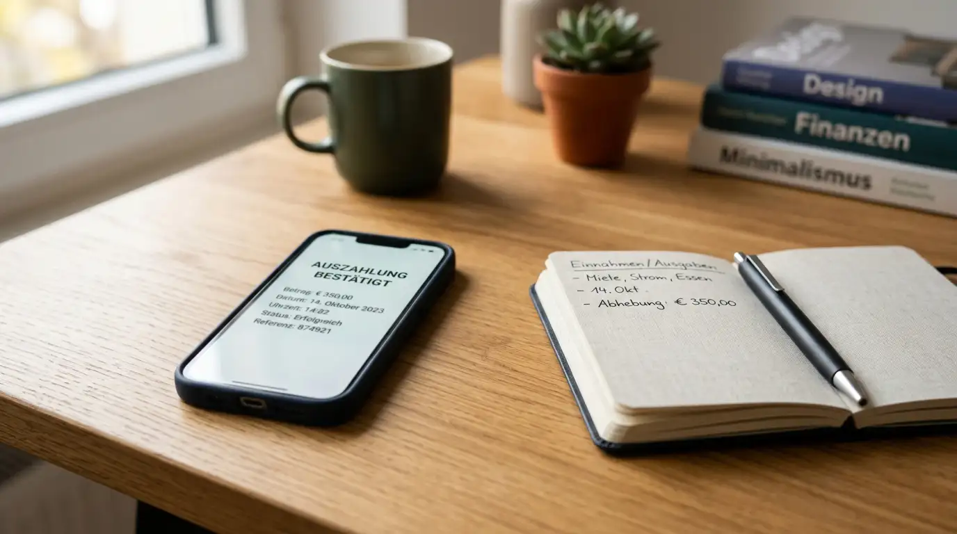 Smartphone mit Wallet-Oberfläche und Auszahlungs-Bestätigung