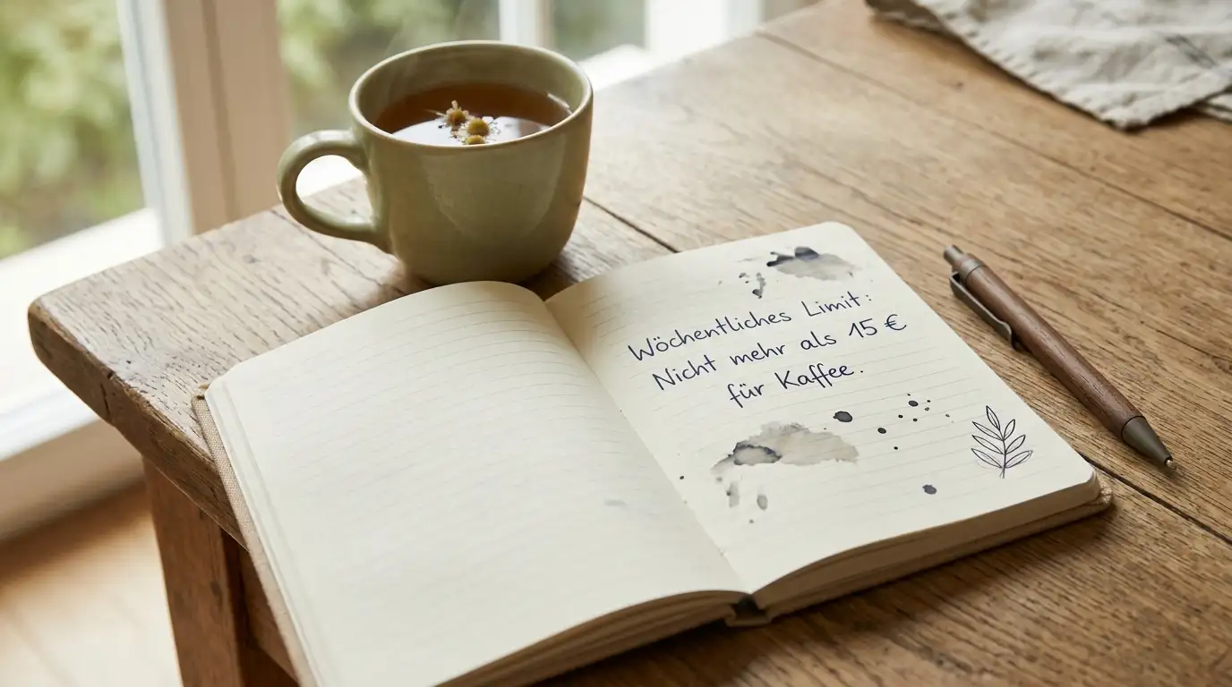 Offenes Notizbuch mit Wochenlimit-Eintrag und Stift auf einem Holztisch am Morgen