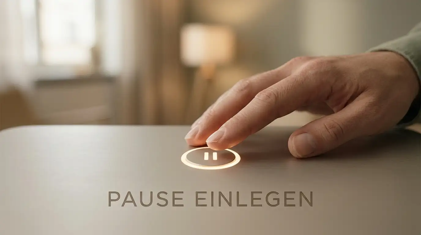 Eine ruhige Hand, die eine Pause-Taste drückt, als Sinnbild für bewusste Selbstkontrolle
