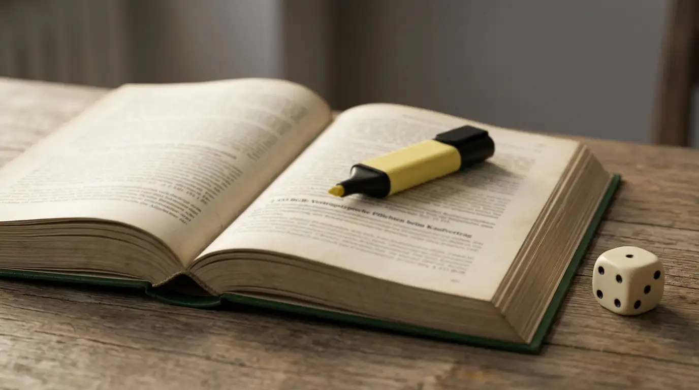 Aufgeschlagenes Gesetzbuch mit Textmarker und einem einzelnen Würfel als Symbol