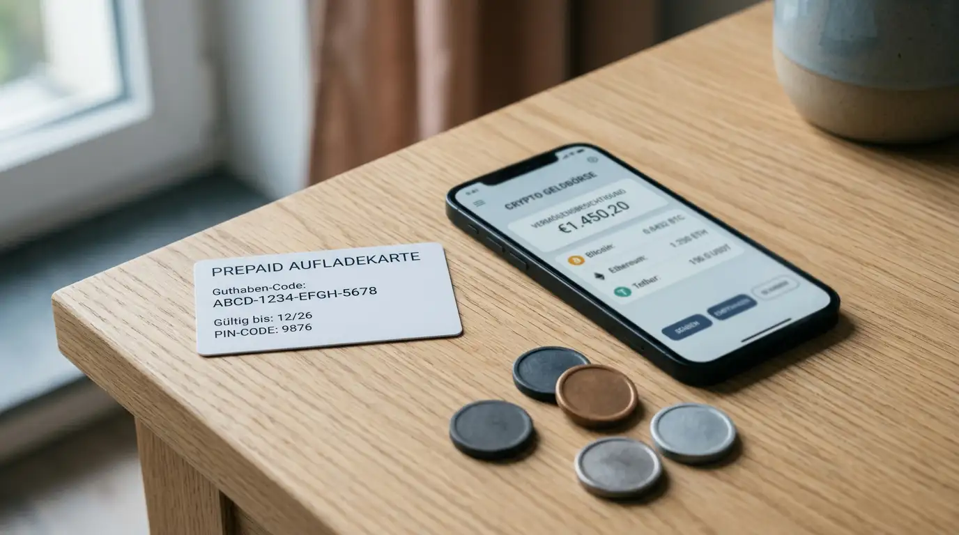 Prepaid-Guthabenkarte, Smartphone mit Krypto-Wallet und neutrale Zahlungssymbole auf einer Tischfläche