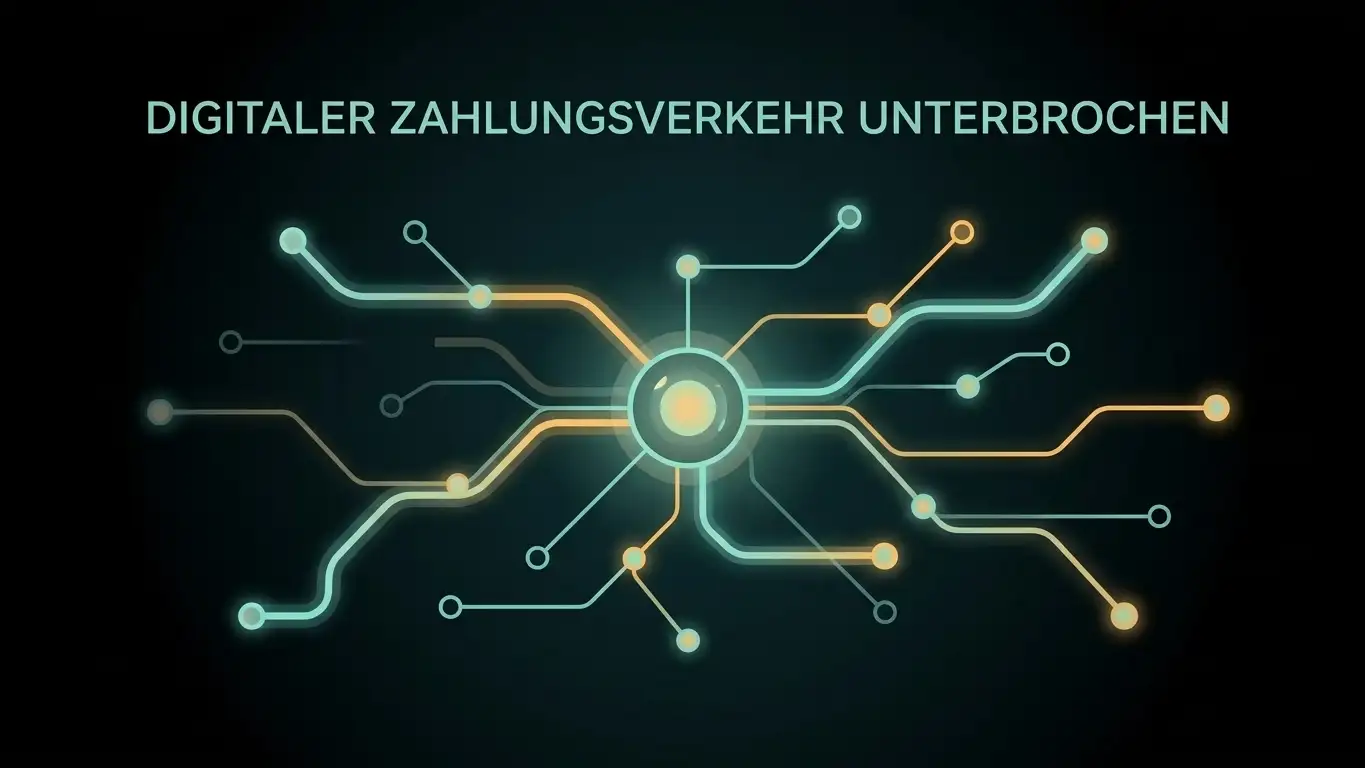 Digitale Zahlungswege als Netz aus Knotenpunkten, ein bekannter Weg ist gekappt