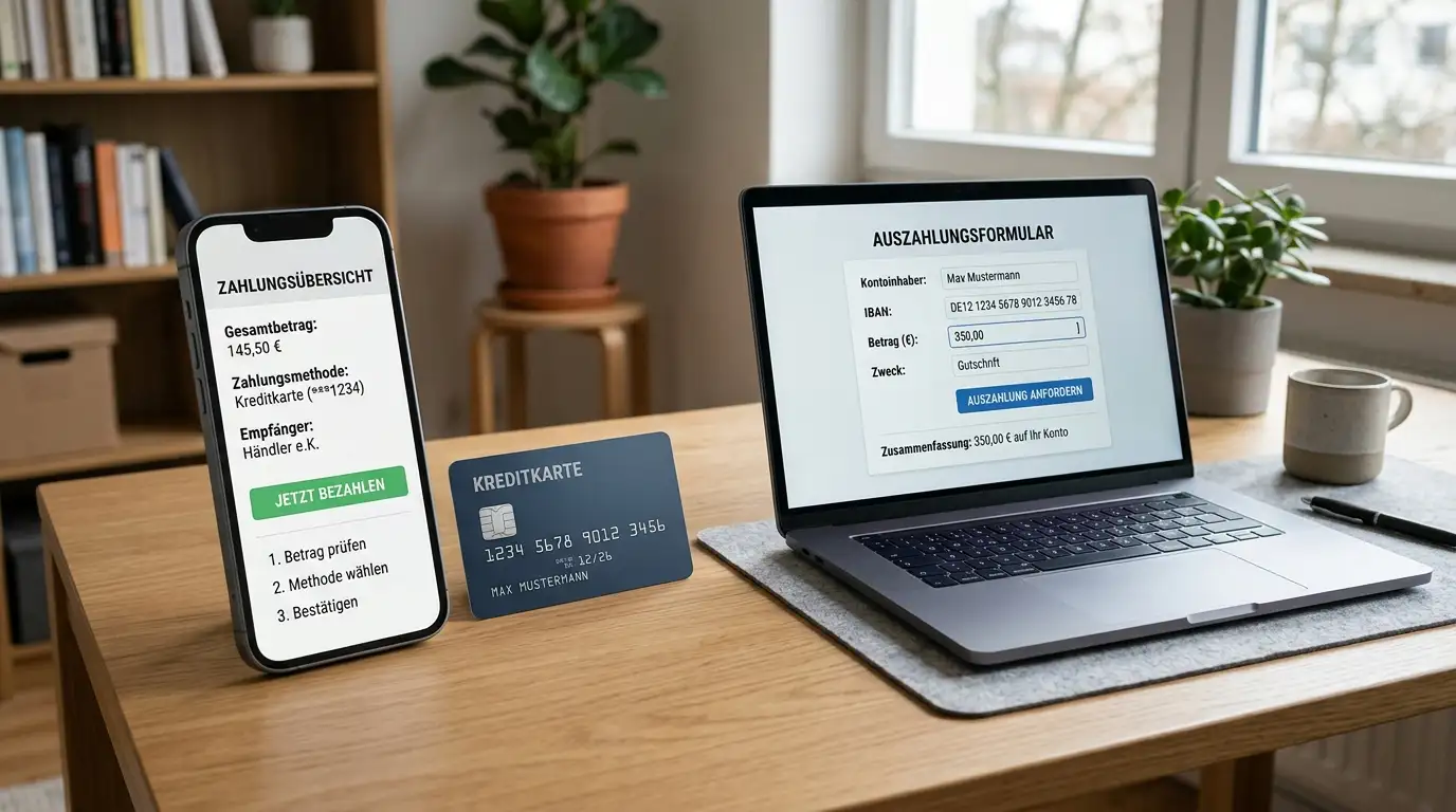Smartphone mit PayPal-Logo-Andeutung und Kreditkarte neben einem Laptop, der ein Auszahlungsformular zeigt