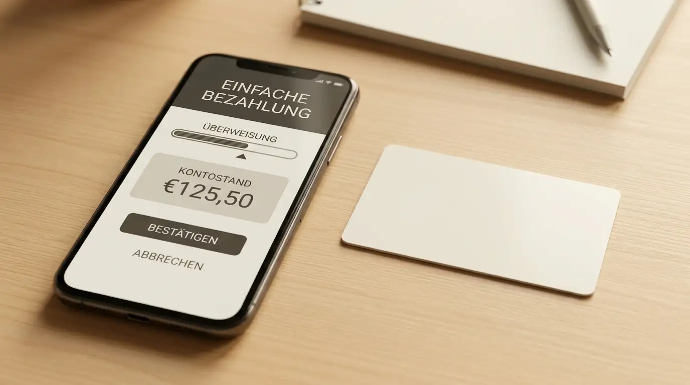 Smartphone mit neutraler Bezahl-App neben einer Prepaid-Karte ohne Aufdruck