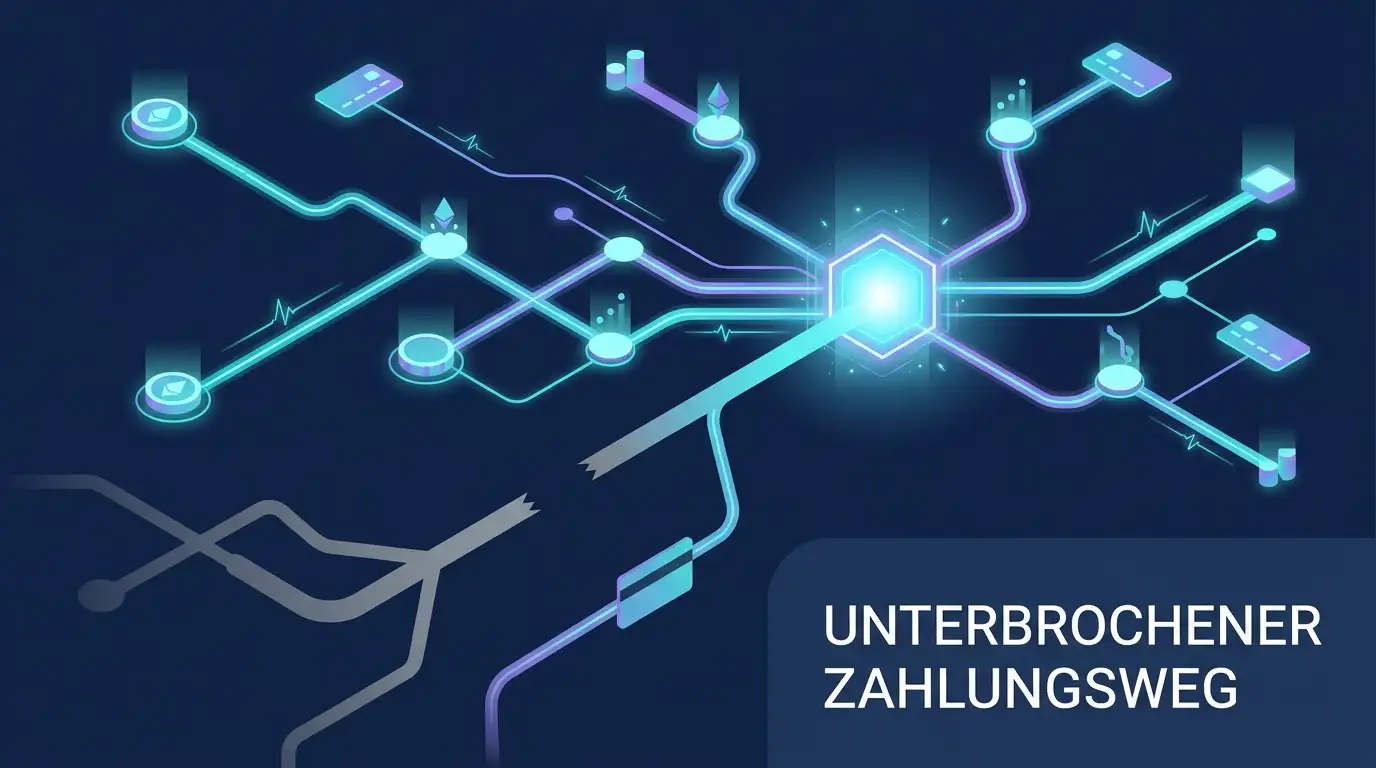Symbolische Darstellung digitaler Zahlungswege als Netz aus Knoten, ein Weg gekappt